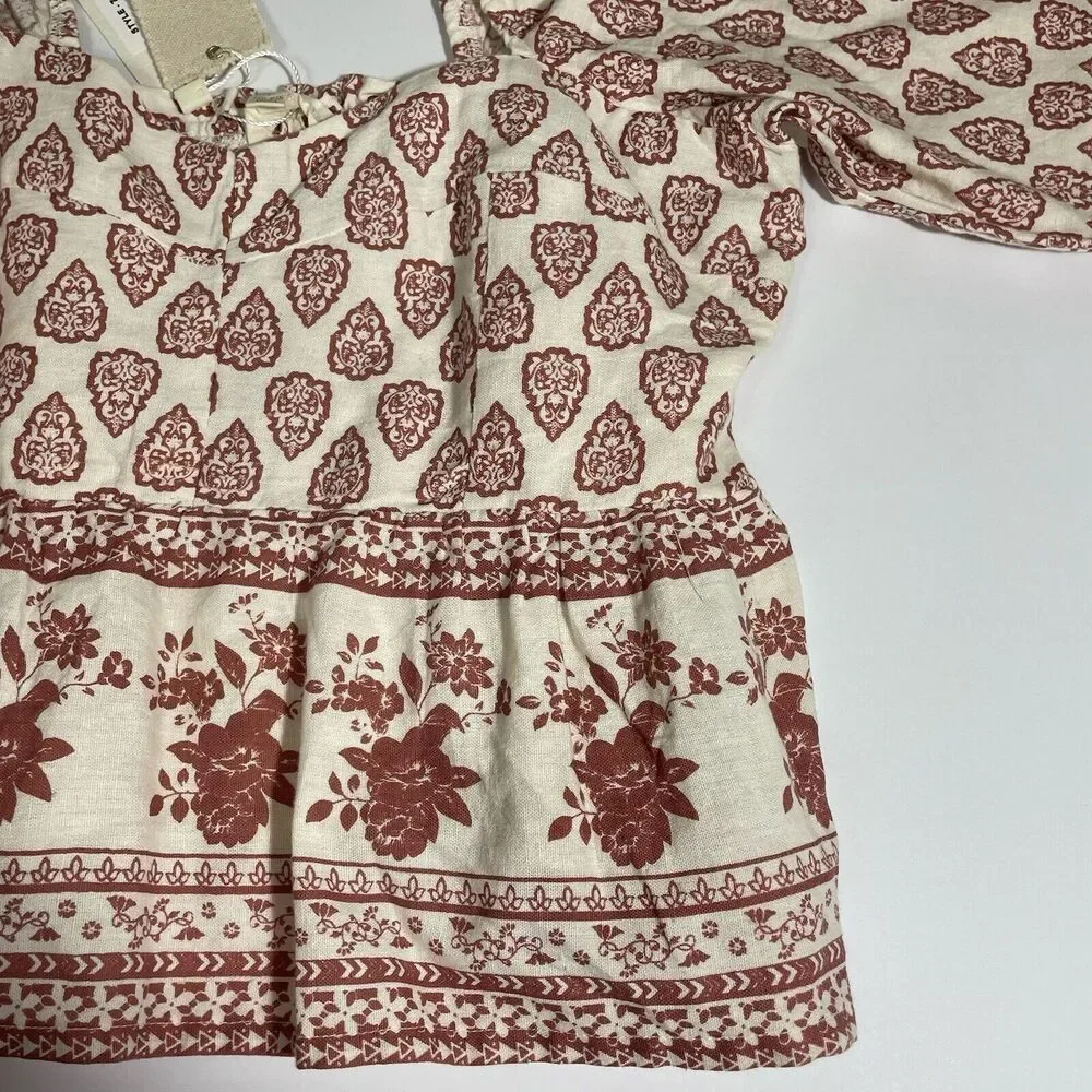 SIM & SAM Linen Blend Crop Top L Mauve Clay Boho Print Long Sleeve Peasant NEW